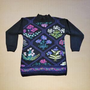PK Elliot, M | Vintage Black Floral Mock Neck Granny Knit Sweater